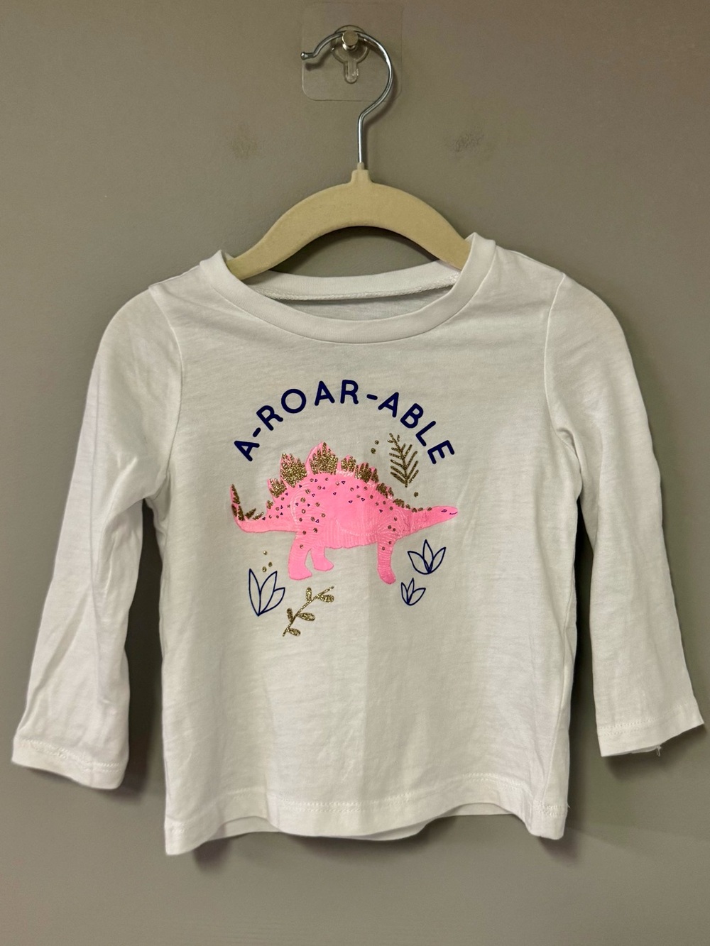 OshKosh B'gosh White Long-Sleeve Tee with Pink Dinosaur & Gold Accents